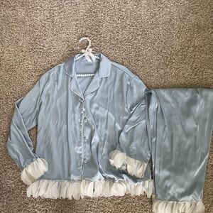 Dusty Blue Satin Pajama Set Button Down Shirt Pants Ruffle Trim Bridesmaid XL